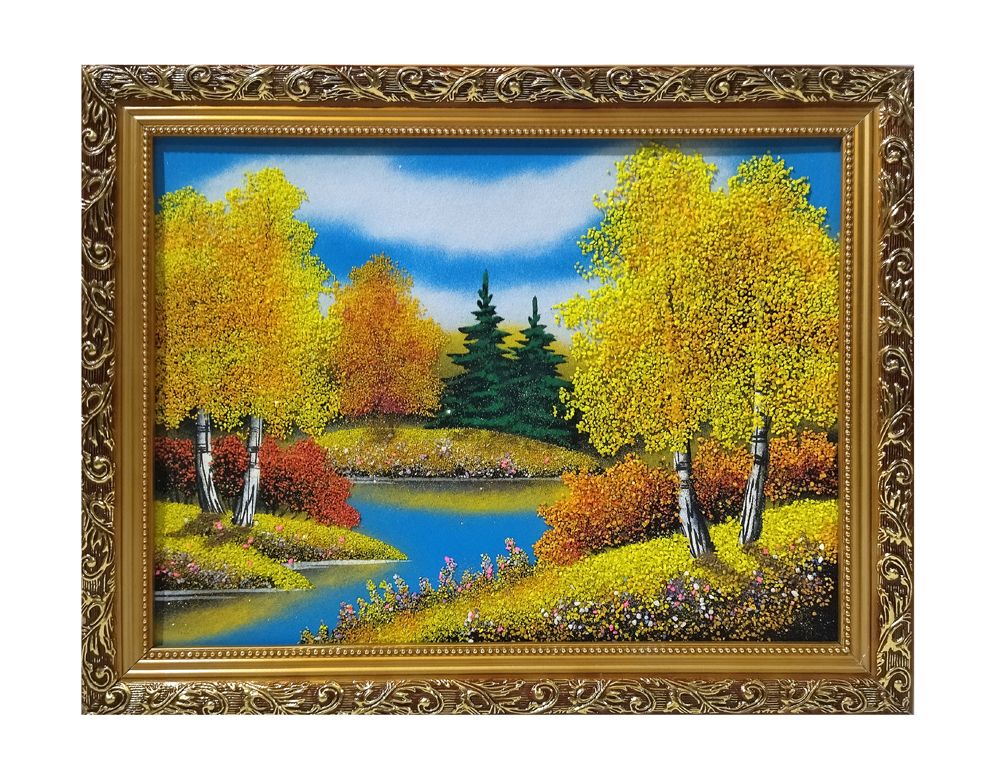 Картина №4 &quot; Осень&quot; рисованная уральскими минералами в деревянном багете 38-48-2см