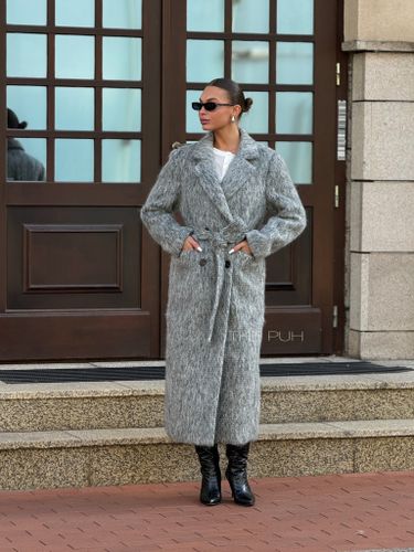 Серое двубортное пальто из шерсти с поясом