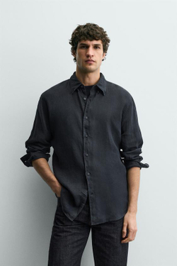 ZARA РУБАШКА REGULAR FIT ИЗ 100% ЛЬНА, МОРСКОЙ СИНИЙ