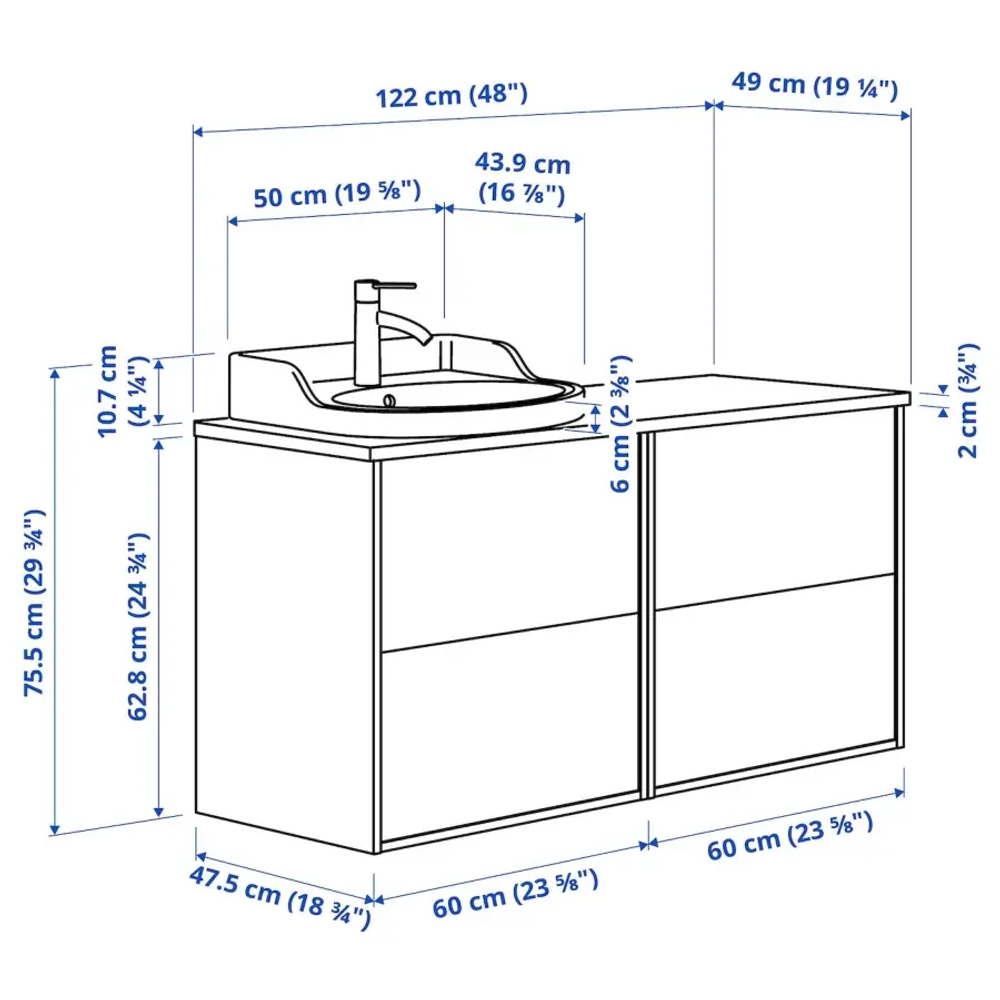 Тумба для ванной - TÄNNFORSEN / RUTSJÖN / TАNNFORSEN / RUTSJОN IKEA/ ТАНФФОРСЕН/РУСТЕН ИКЕА, 122х76 см, серый/белый