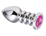 Серебристая анальная пробка на рельефной ножке с розовым кристаллом - 9,5 см. (Цвет: розовый)