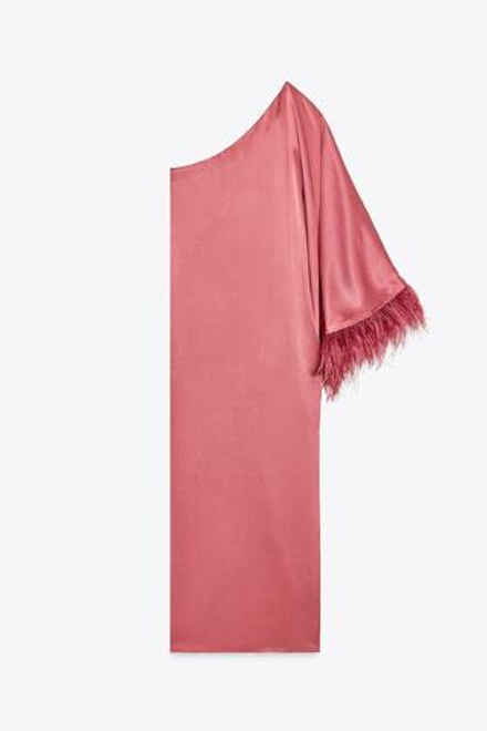 ZARA ДЛИННОЕ АТЛАСНОЕ ПЛАТЬЕ С ПЕРЬЯМИ, НЕОНОВАЯ ФУКСИЯ