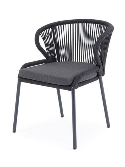 "Милан" стул плетеный из роупа, каркас алюминий темно-серый (RAL7024) шагрень, роуп темно-серый круглый, ткань темно-серая 019