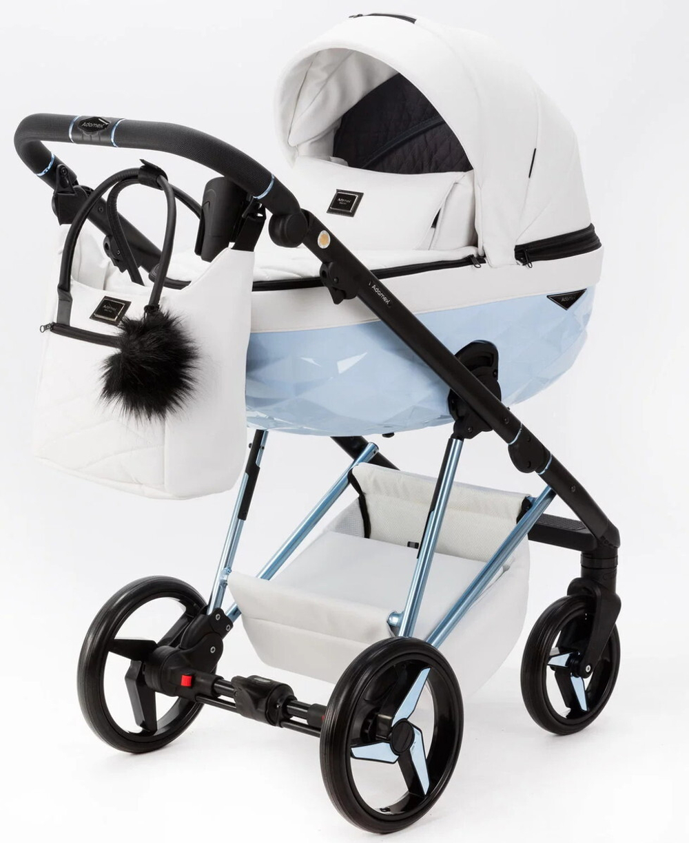 Детская коляска Adamex Quantum Superstar Deluxe 2 в 1 Q-STAR138-K (БЕЛ.КОЖА+ГОЛУБ.ДНО+ГОЛУБ.РАМА)