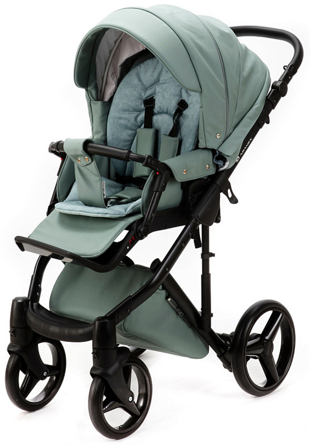 Детская коляска Adamex Luciano Deluxe 2 в 1 Q114-С (СЕРО-ЗЕЛЕН.КОЖА 100%+ЧЕРАЯ РАМА)