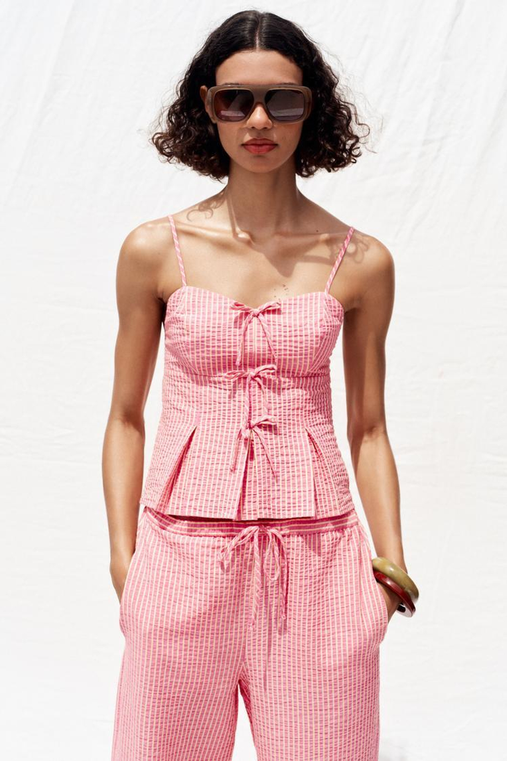 ZARA ТОП В ПОЛОСКУ С БАНТИКАМИ, РОЗОВЫЙ