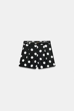 ZARA ШОРТЫ В ГОРОШЕК С ЗАЩИПАМИ И РЕМНЕМ, ЧЕРНЫЙ/БЕЛЫЙ