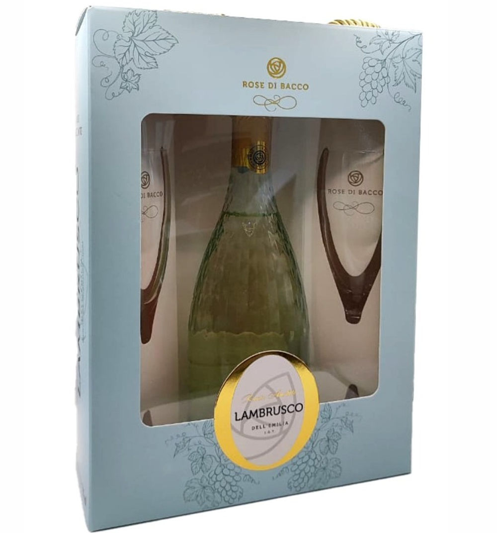 Игристое вино Lambrusco Rose Di Bacco Bianco 0,75 л. В подарочной упаковке + 2 бокала