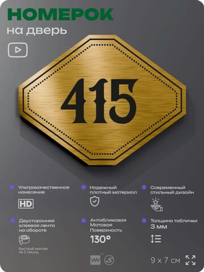 Номерок на дверь квартиры 415, для кабинета, офиса, шильдик 9 х 7 см, золотистый, Айдентика Технолоджи