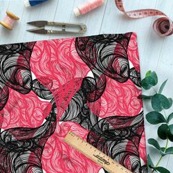 Ткань футер 2-х нитка витиеватый чёрные и розовый дым