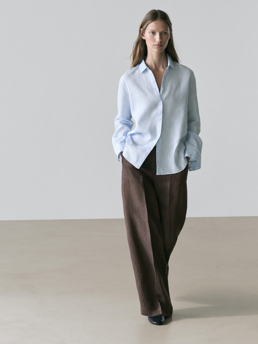 Massimo Dutti Свободная рубашка из 100% льна, небесно-голубой