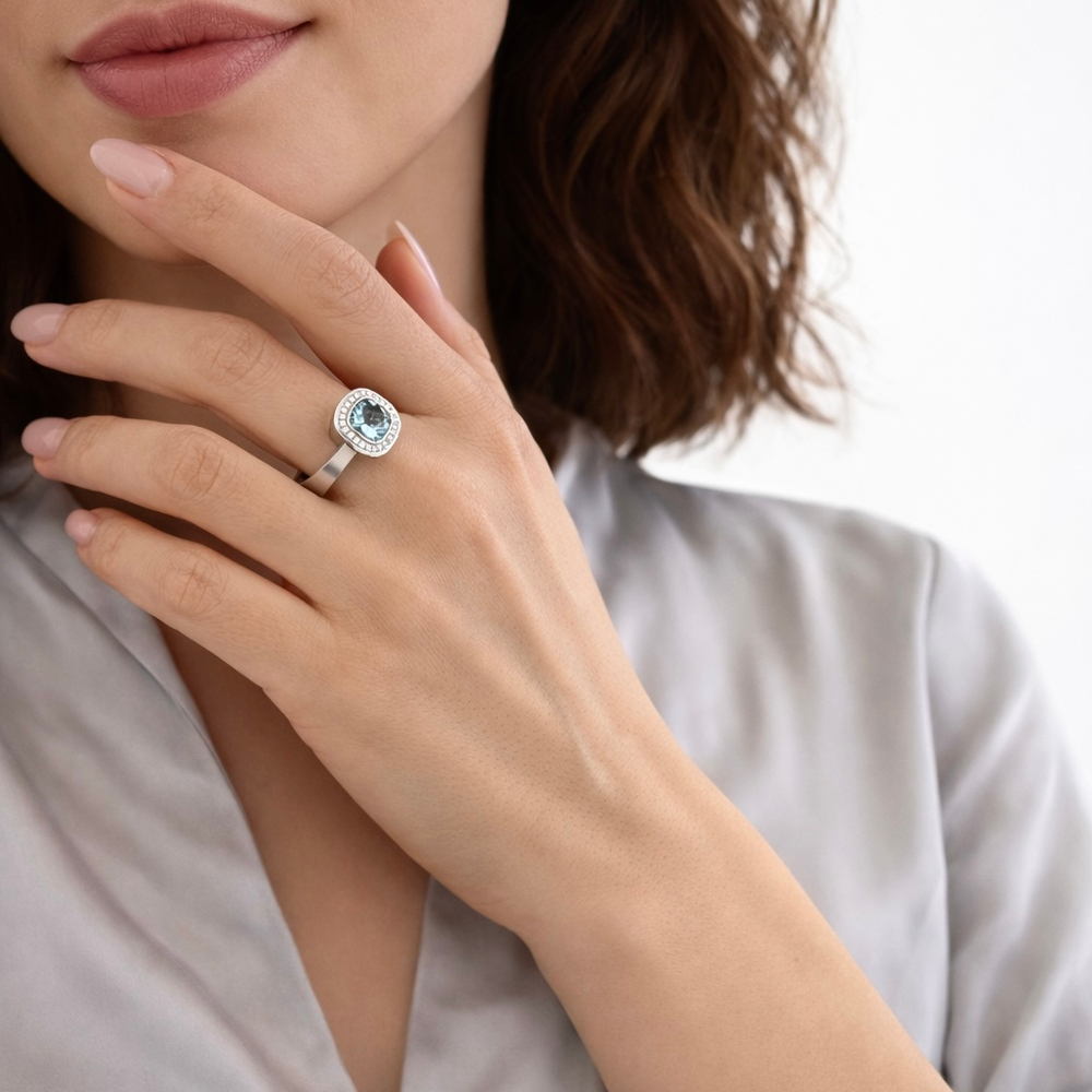 Кольцо с Аквамарином и Бриллиантами, Эмаль, R0176-52/14