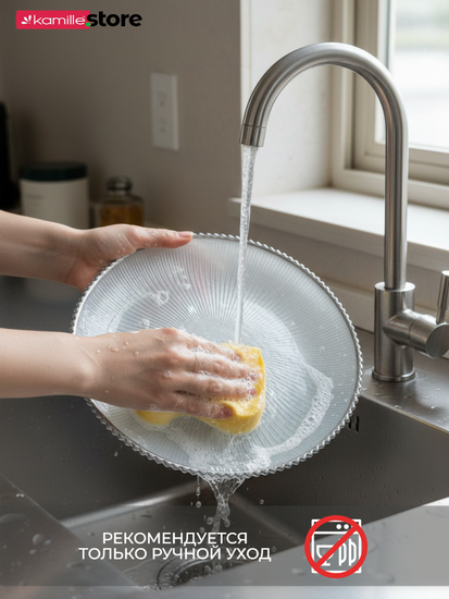 Блюдо стеклянное 26х3 см., с серебристой обводкой, жемчужный