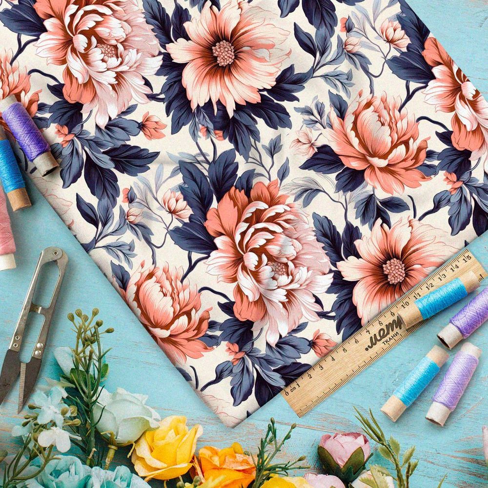 Ткань премиум габардин пионы на синих листьях