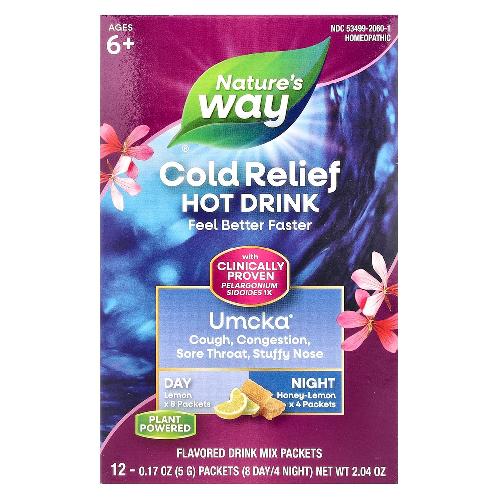 Nature's Way, Umcka®, горячий напиток от холода, для детей от 6 лет, лимон, мед и лимон, 12 пакетиков по 5 г (0,17 унции)