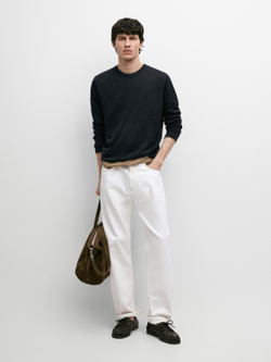 Massimo Dutti Вязаный льняной свитер с круглым вырезом, темно-синий