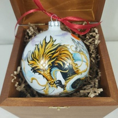 Коллекционный елочный шар с росписью Палех "Дракон" в деревянной шкатулке