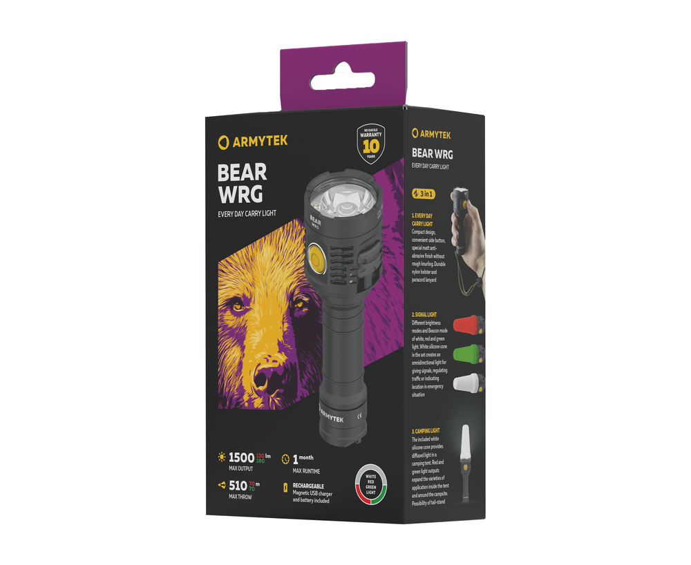 Фонарь светодиодный Armytek Bear WRG Magnet USB, бел.,красн.,зел., 1500 лм, 130 лм, 180 лм., аккумул