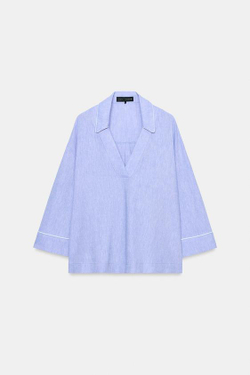 ZARA БЛУЗА ИЗ ЛЬНА С КОНТРАСТНОЙ ОТДЕЛКОЙ, ГОЛУБОЙ