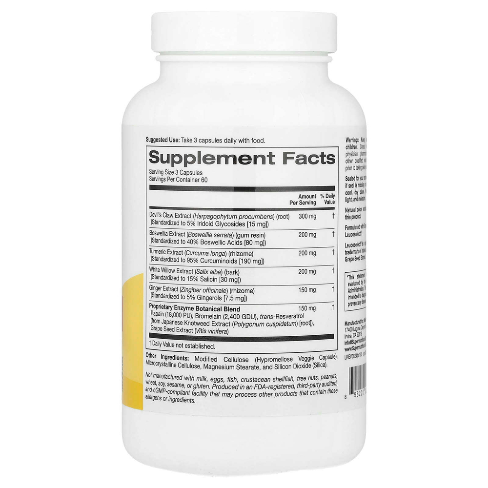 Super Nutrition, комплекс с куркумой для суставов, с экстрактами гарпагофитума, босвеллии, белой ивы и имбиря, 180 вегетарианских капсул