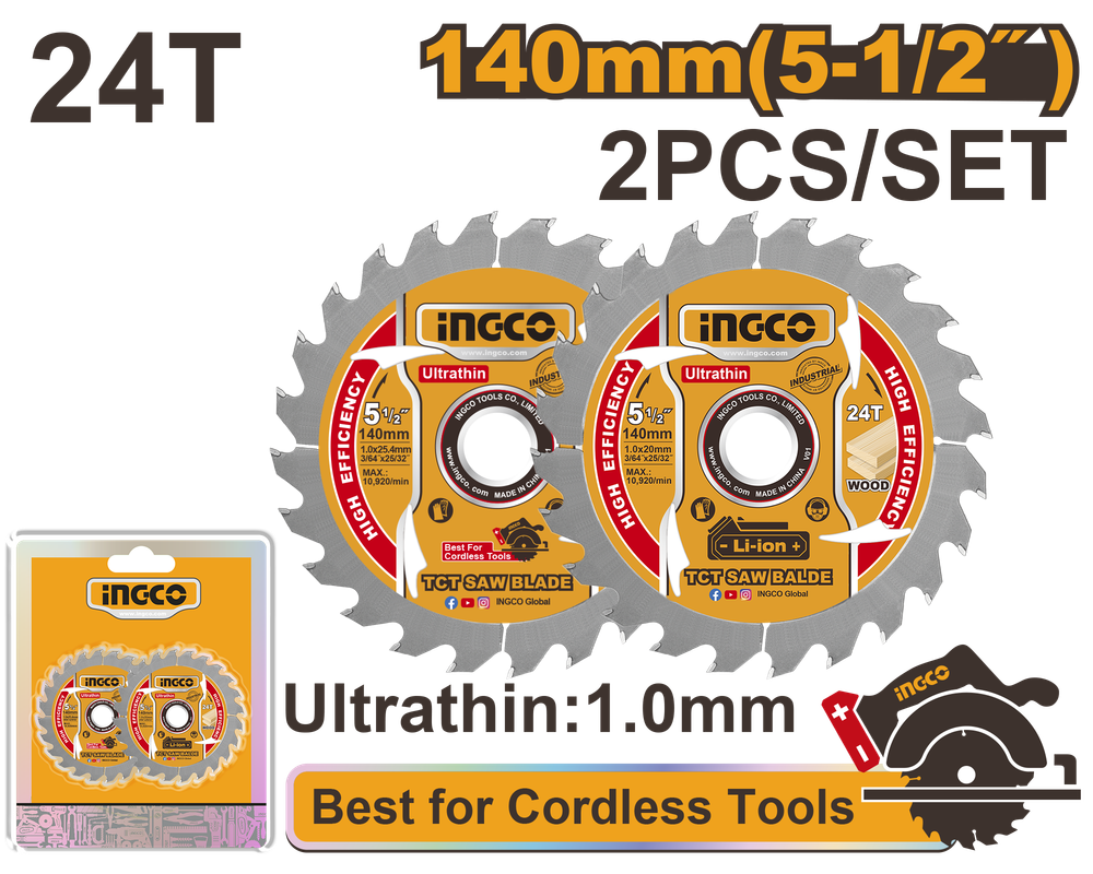 Диск пильный по дереву ультратонкий TCT INGCO TSB1403 INDUSTRIAL 140х25.4х1 мм 24Т 2 шт.