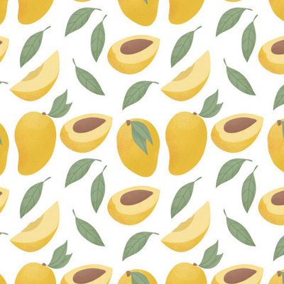 Спелое манго. Сладкие фрукты. Набор ярких вкусных тропических фруктов. Манговый паттерн.