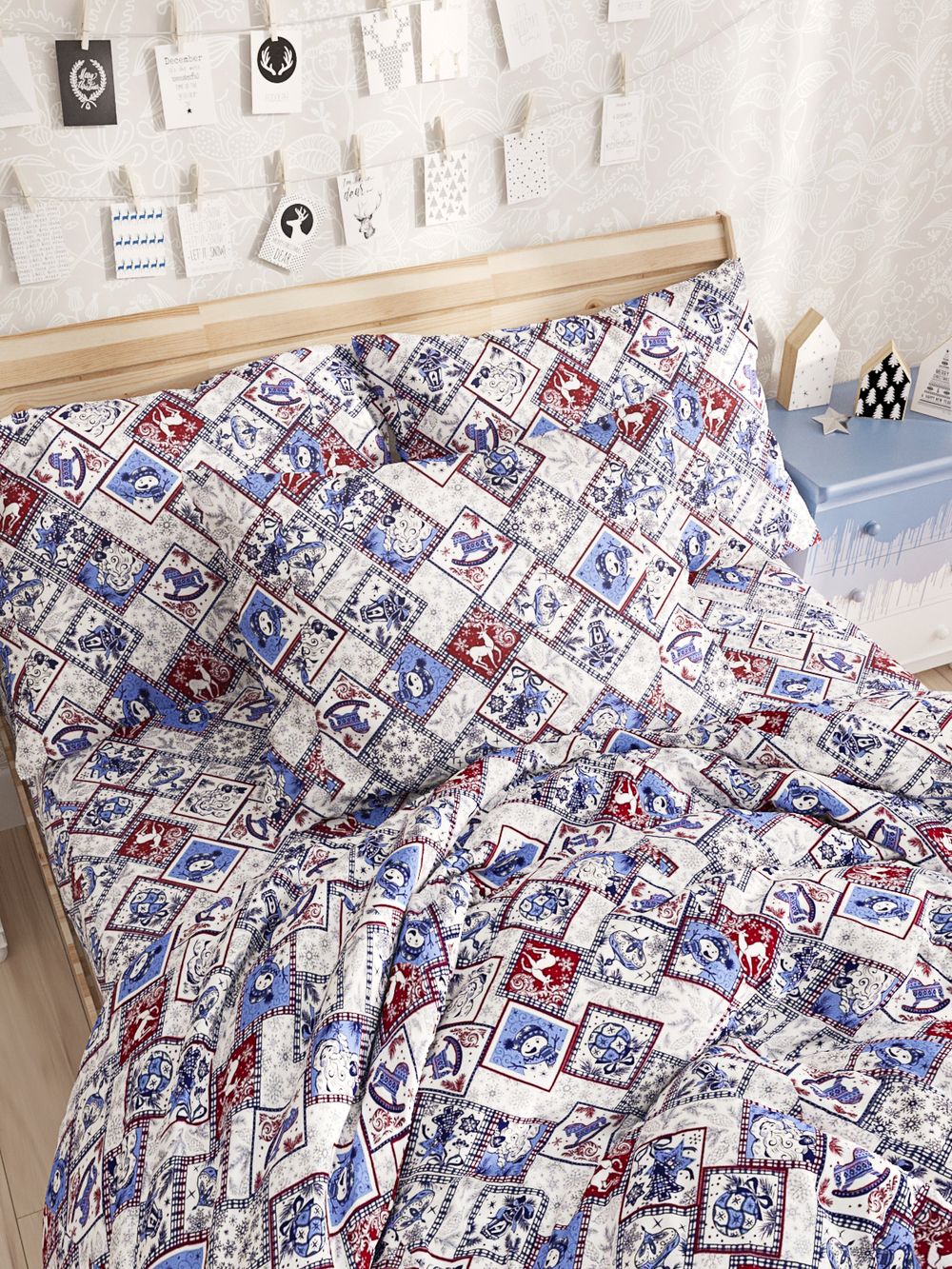 Постельное белье Сказка "Зимние картинки" семейное Наволочка 50х70 см 2 шт Простынь на резинке 160х200 см Пододеяльник 145х215 см(2шт) , перкаль