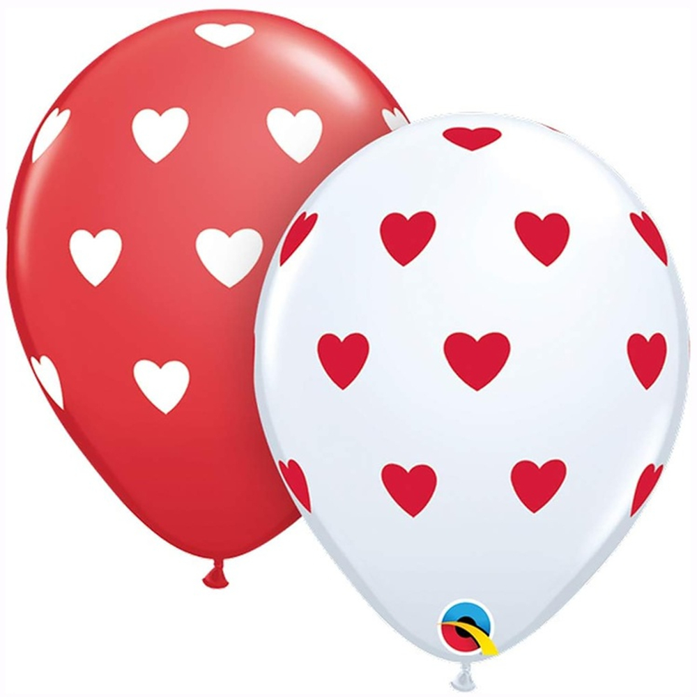 Шар латексный 28см Сердца большие (Красный, Белый)
