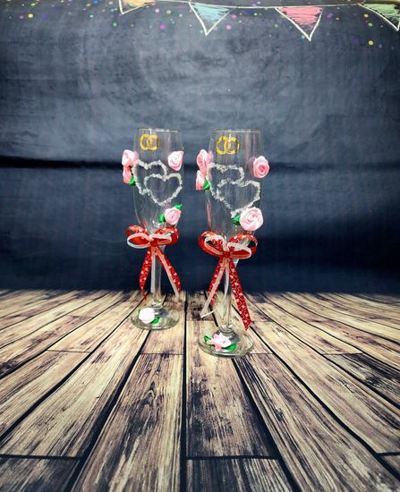 Свадебные бокалы , золото с розовым, Совет да любовь, матовые