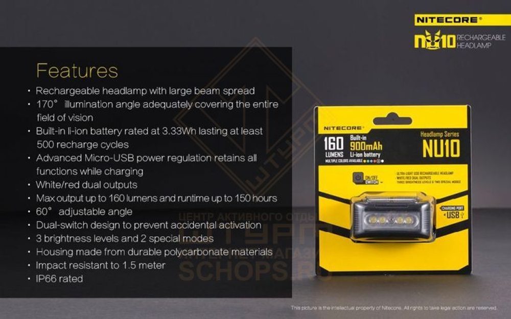 Фонарь налобный Nitecore NU10, Black