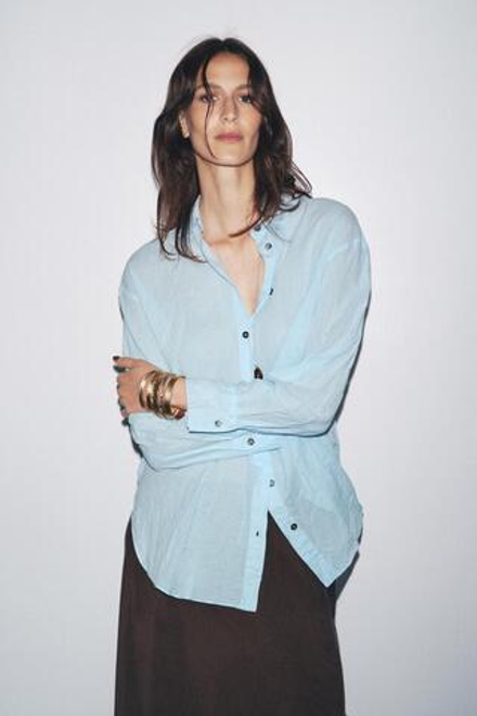 ZARA РУБАШКА ИЗ ЖАТОЙ ТКАНИ С ПУГОВИЦАМИ — ZW COLLECTION, ГОЛУБОЙ