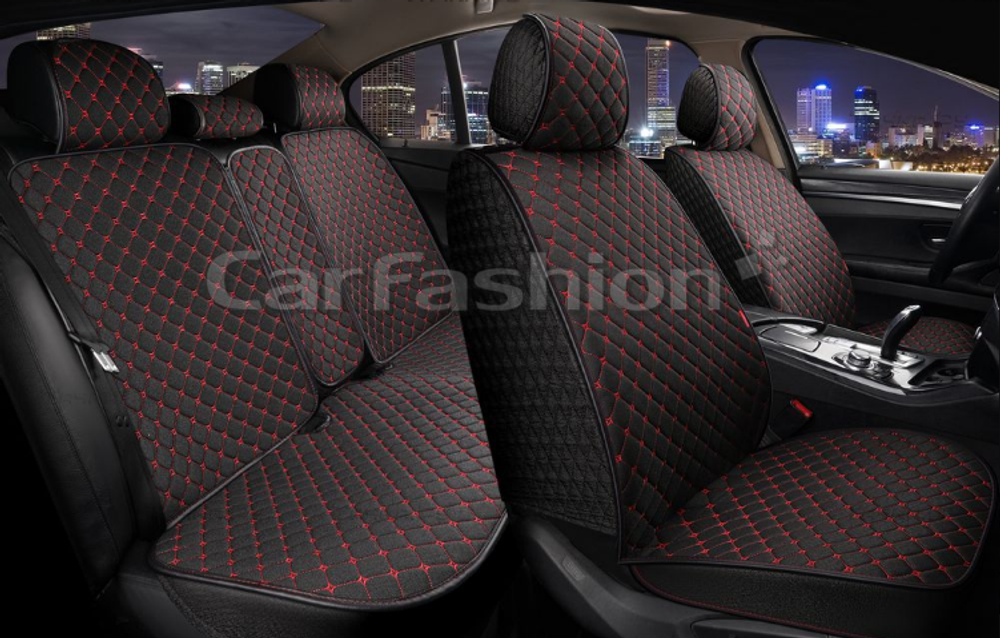 Накидки сидений ПОЛНЫЙ CarFashion (кт) -«LINEN CUBE PLUS» 22687 РОМБ -Панлён черный/черный/красный