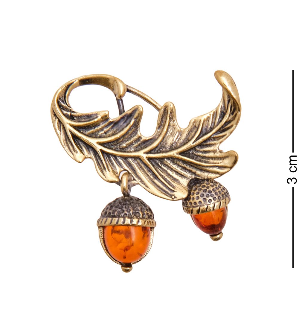 AM-3437 Брошь «Желуди Дуэт» (латунь, янтарь)