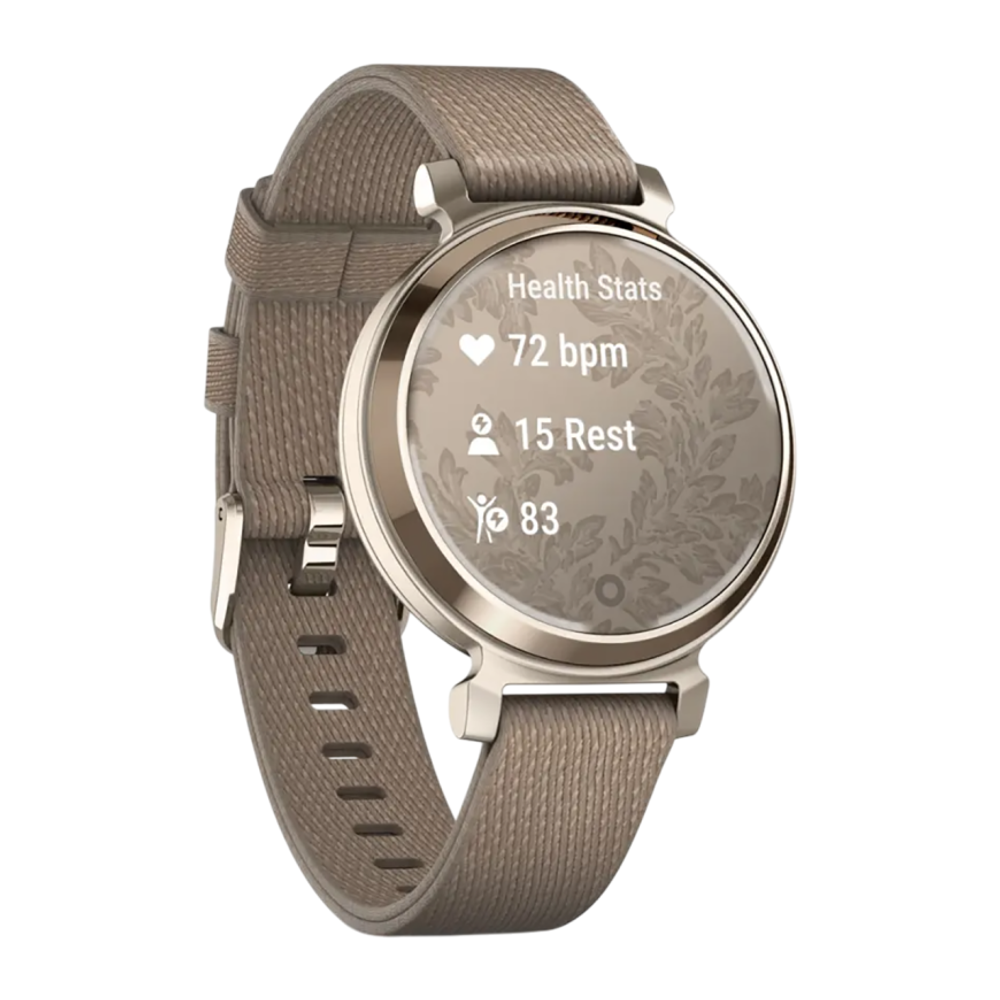 Спортивные часы Garmin Lily 2 Classic, нейлоновый ремешок кофейного цвета Кремово-золотистый безель из алюминия, стекло Gorilla Glass. Ремешок с классической застёжкой — на запястье обхватом 110–175 мм