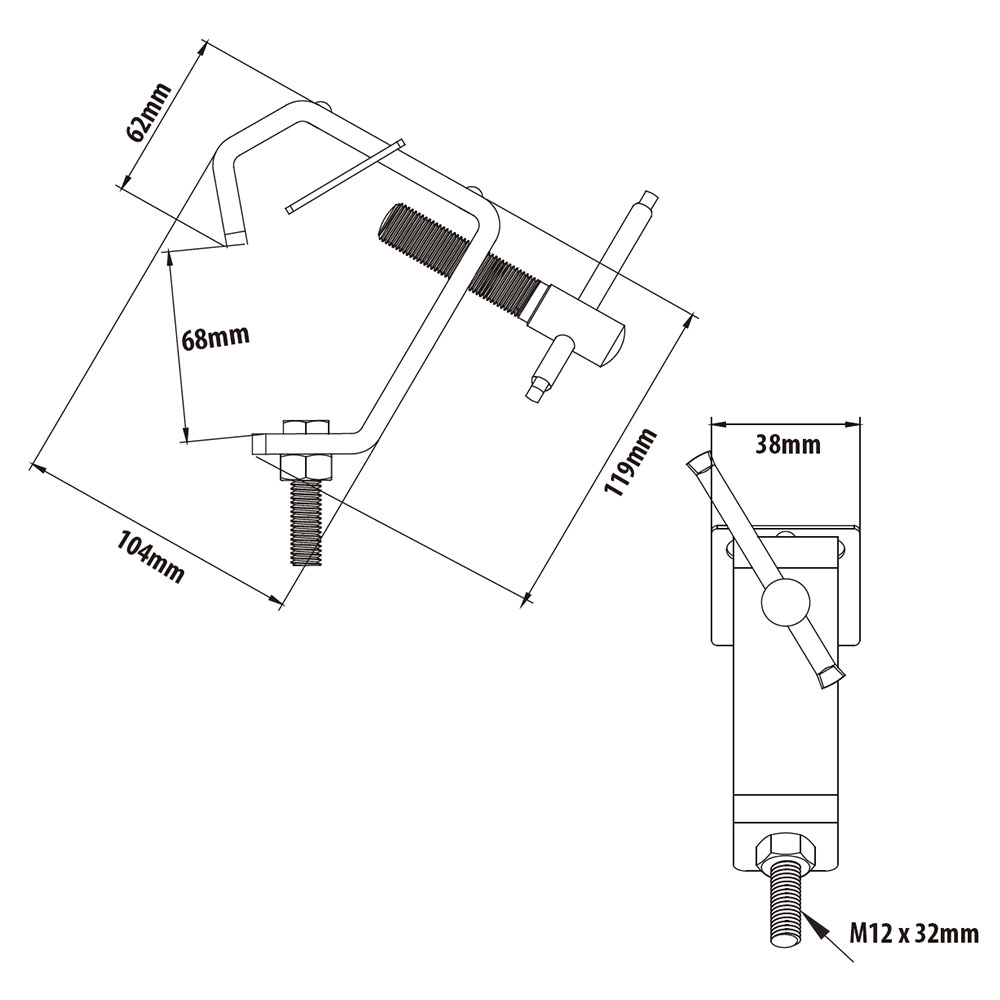 KUPO C-12 Steel clamp. Зажим-крюк с болтом М12х38 (Ø40-60 мм ↓40 кг)