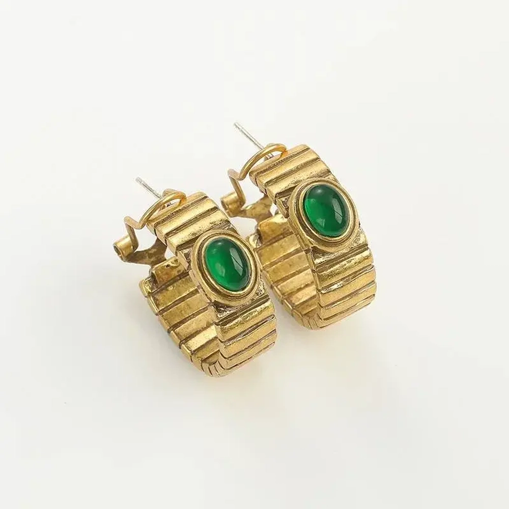 Серьги винтажные малахит, Золотые