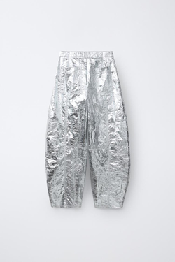 ZARA МЕТАЛЛИЗИРОВАННЫЕ БРЮКИ BARREL, СЕРЕБРИСТЫЙ