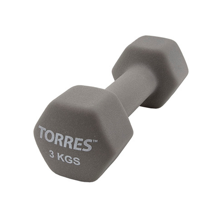 Гантель TORRES 3 кг, PL55013, металл в неопреновой оболочке, форма шестигранник, серый
