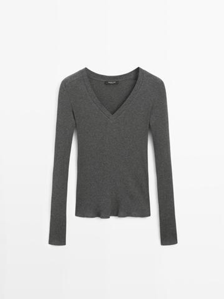 Massimo Dutti Футболка в рубчик с длинными рукавами, антрацитово-серый