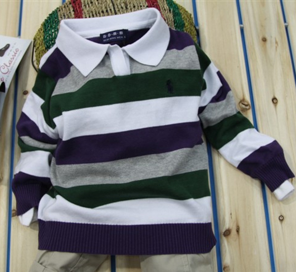 Джемпер детский разноцветный в полоску с вышивкой игрока в поло