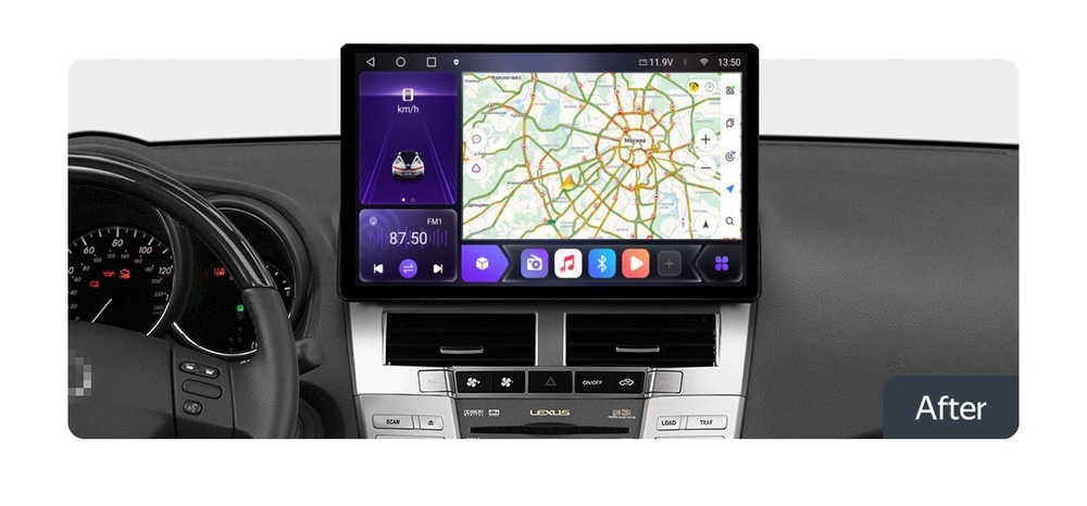 Магнитола для Lexus RX 2003-2009 и Toyota Harrier XU30 2003-2013 (монохром, рамка серо-бежевая) - Carmedia LUX-RX03A/KP-13-S10 монитор 13" 2K QLED на Android 12, ТОП процессор, CarPlay, 4G SIM-слот, 4/64ГБ