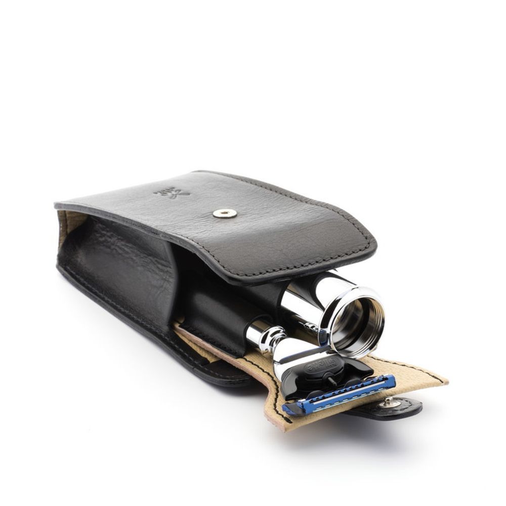 Дорожный бритвенный набор MUEHLE, чехол из натуральной черной кожи, дорожный помазок, дорожная бритва Fusion (RT 3 F)