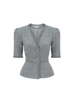 Жакет с объемными плечами и баской серый