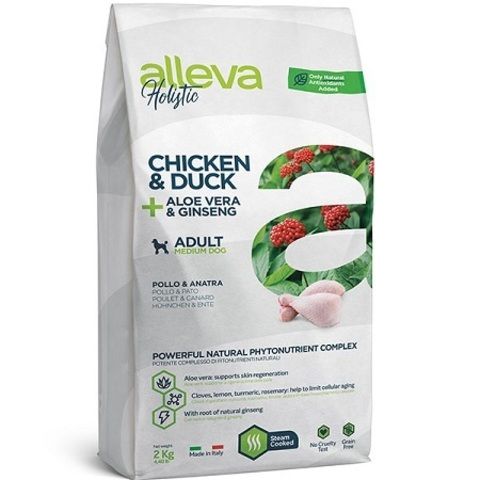 Alleva Holistic Chicken & Duck + Aloe vera & Ginseng Medium сухой корм для взрослых собак средних пород с курицей уткой алоэ вера и женьшенем