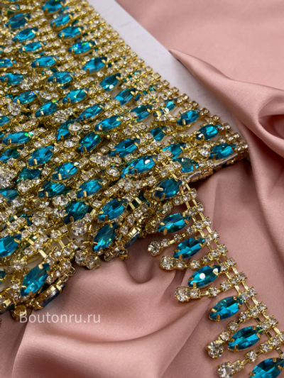 Бахрома стразы лодочка бирюзовые лазурные в золоте 3 см