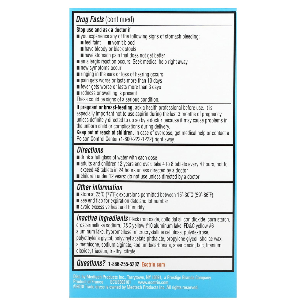 Ecotrin, аспирин в защитной оболочке, с низкой силой действия, 81 мг, 365 таблеток