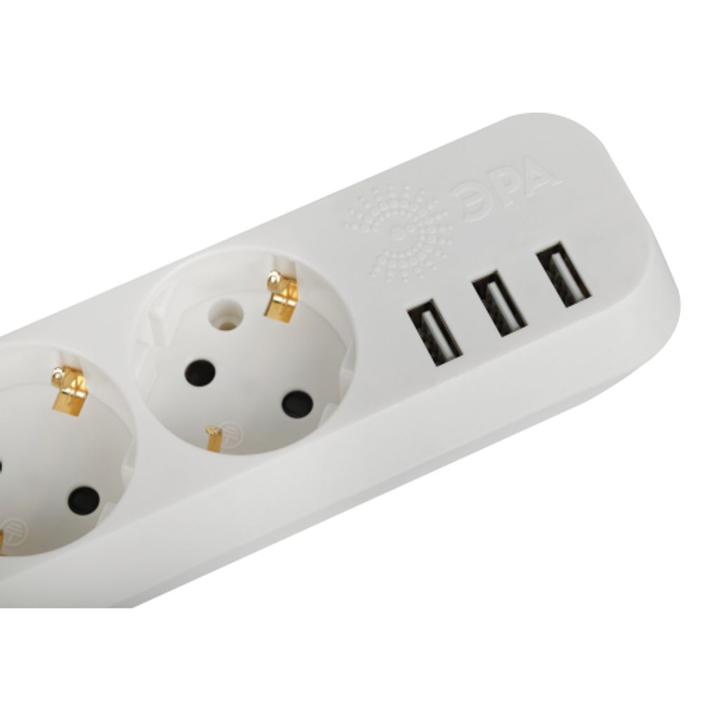 Удлинитель электрический ЭРА U-3es-3m-USB c заземлением с выключателем 3 розетки + 3xUSBA 3м 10А