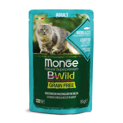 Monge Cat Bwild 85 г (треска с креветками и овощами) - беззерновые консервы (пауч) для взрослых кошек