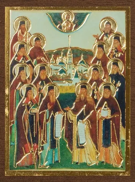 Икона "Собор Оптинских Старцев" 4х6 на МДФ-6