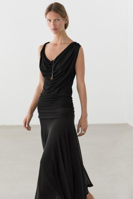 Massimo Dutti Блестящий топ со сборками и узлом, черный